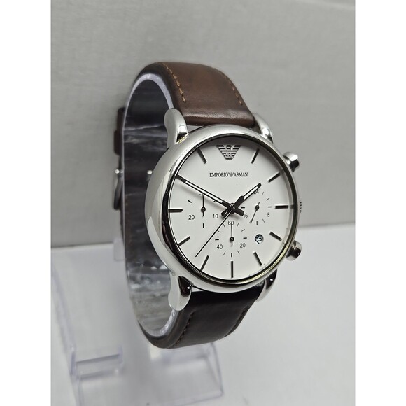 Emporio Armani Luigi AR1846 Chronograph White Dial Brown Leather New Battery - Picture 3 of 12